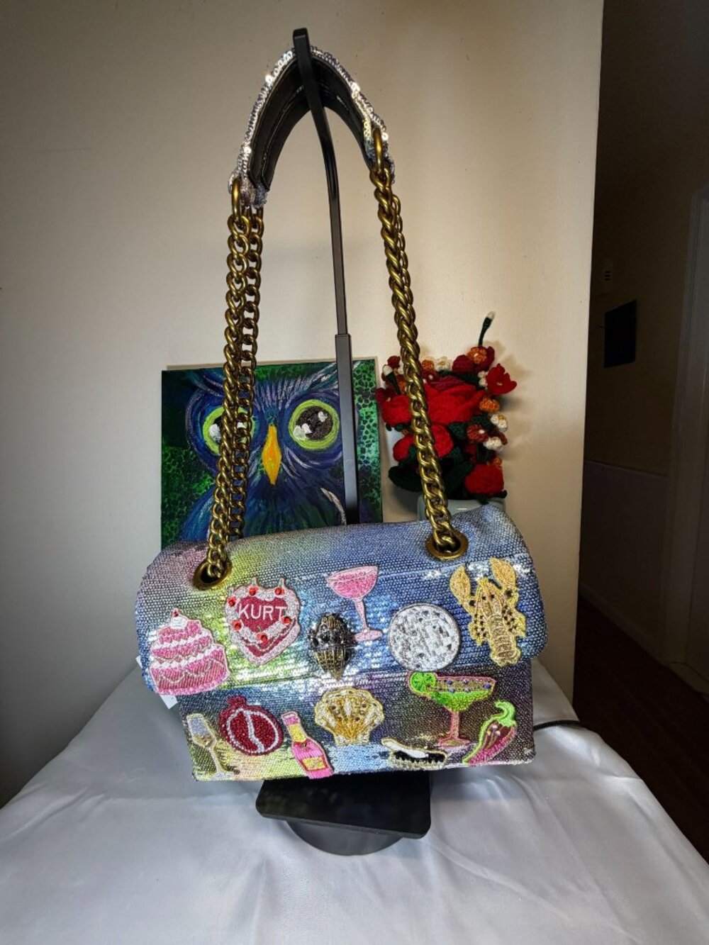 Kurt Geiger London Multicolor Sequin Bag Novelty Bag with Eagle wearing a Crown